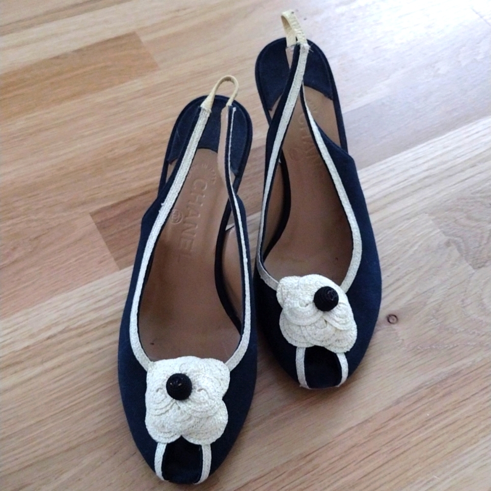 Chanel Camellia flower peeptoe slingbacks